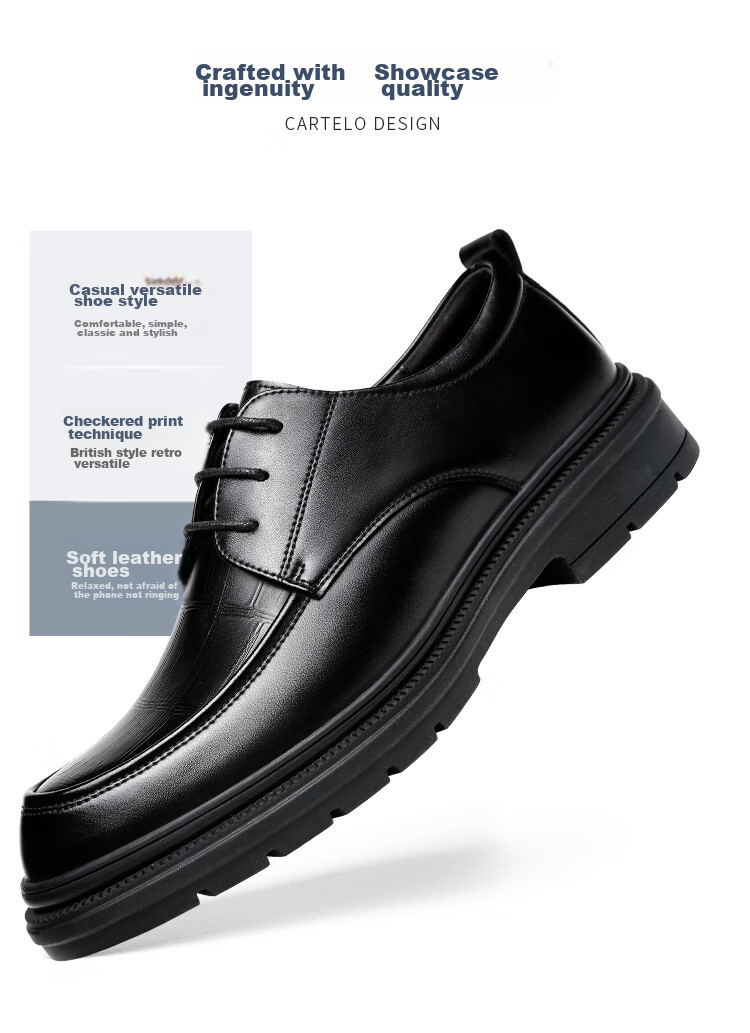 CARTELO Men's Leather Shoes, Cowhide Business Casual Leather Shoes, British Style Thick-Soled Men's Wedding Shoes, Work Shoes, 9788 Black, Size 38 9