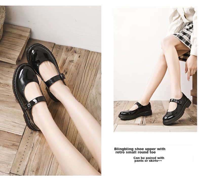 CARTELO Women's Leather Shoes, Mary Jane Shoes, Student Performance Shoes, KDLYJ-WF162, Black Patent Leather, Size 37 10