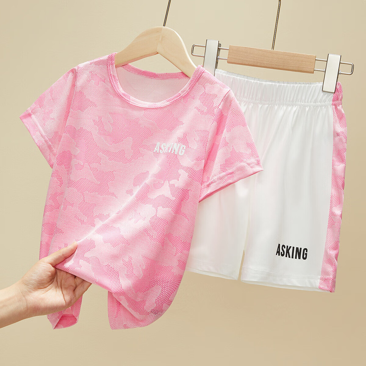 ASK JUNIOR Girls' Summer Thin Set: Short-Sleeve T-Shirt + Shorts, Quick-Dry Running Two-Piece Outfit for Children, Pink, Size 150