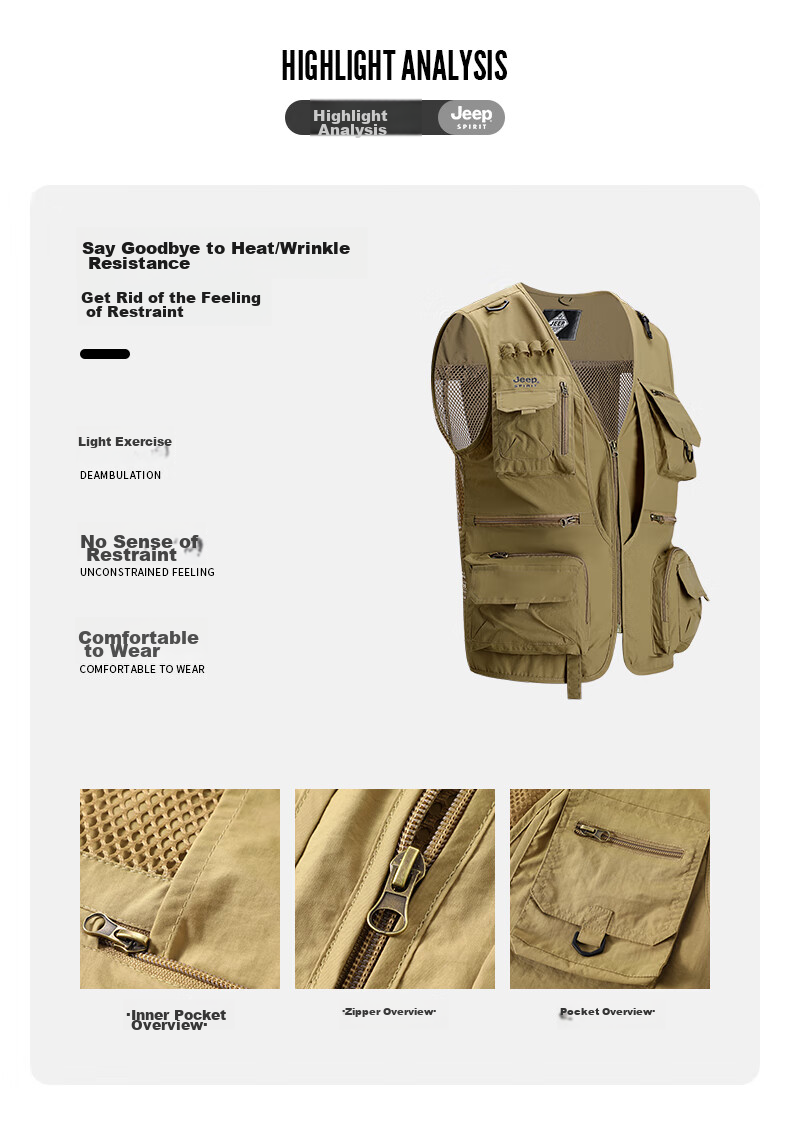JEEP SPIRIT Men's Vest, Spring And Autumn Outdoor Fishing Multi-Pocket Sleeveless Jacket, Military Green, 2XL 3
