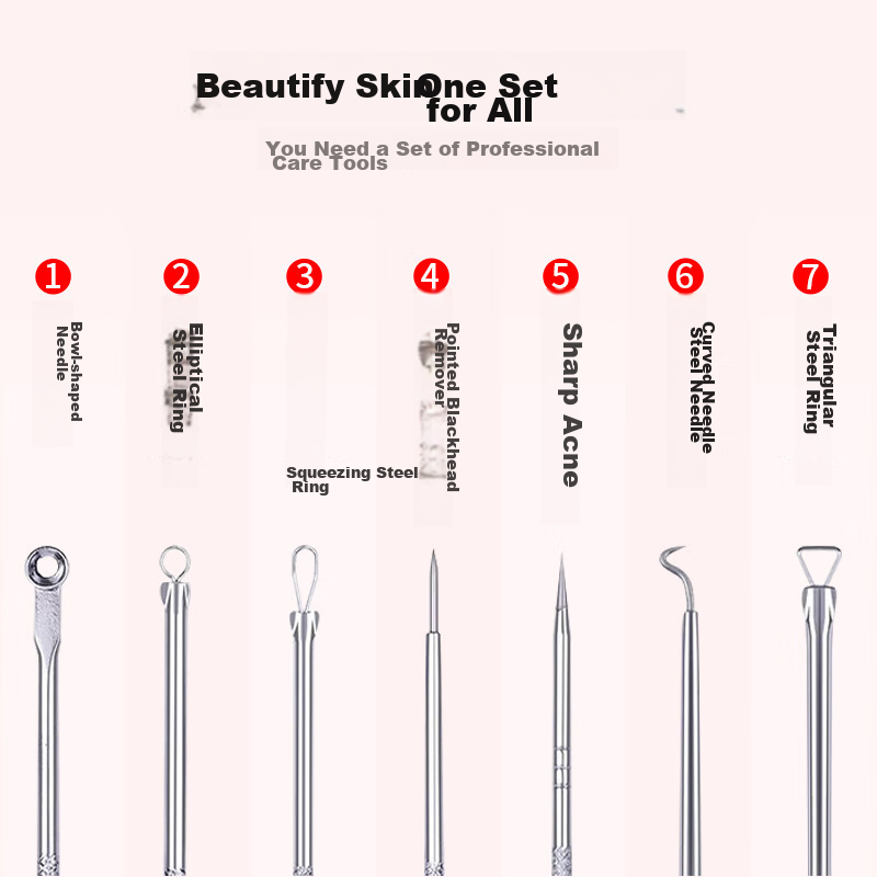 Jianmeichuangyan Double-Ended Stainless Steel Blackhead Extractor Set, 7-Piece Kit, Acne Removal Tool, Pimple Popper, Comedone Remover, Cell Extractor