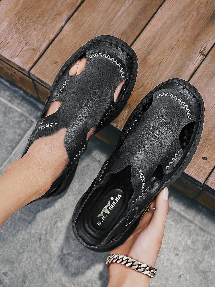 Bull Family Men's Summer Breathable Sandals Men's Closed-Toe Leather Sandals Outdoor Casual Trendy Hole Shoes 3