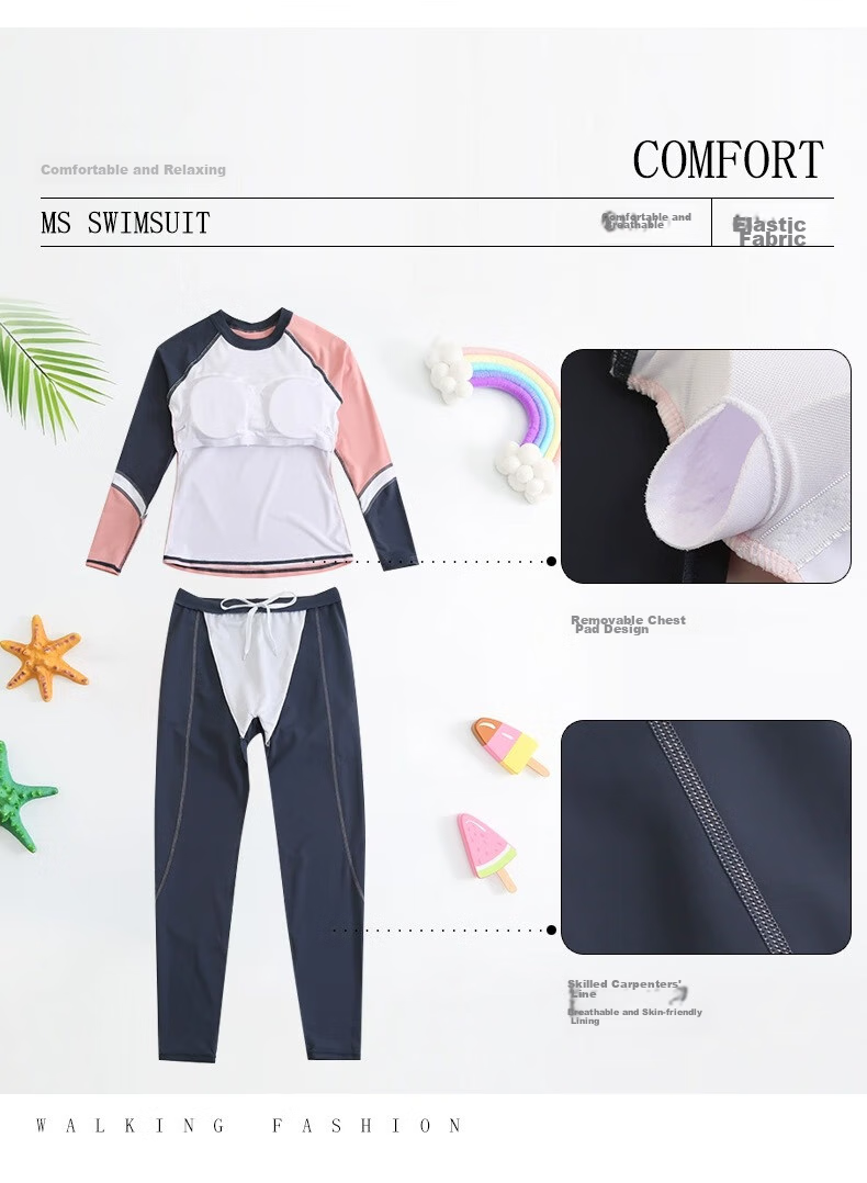 Barbie Women's Two-Piece Swimsuit Set, Long-Sleeve Surfing Suit, Tummy-Concealing Slimming Diving Suit, Fashionable Hot Spring Swimming Costume for Wome 29