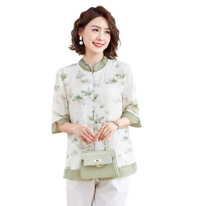 YUZHAOLIN Middle-aged and Elderly Women's Three-Quarter Sleeve Shirt Mom's Blouse Y244C1815