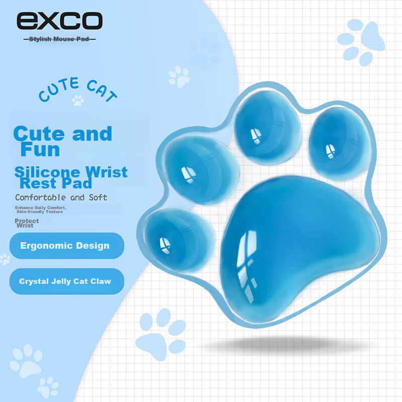 EXCO Cat Paw Wrist Rest Mouse Pad, Silicone Wrist Cushion, Crystal Jelly Small Wrist Support, Cute Cartoon Palm Rest, Soft Office Mouse Hand Rest for Men And Women, Sky Blue 81650