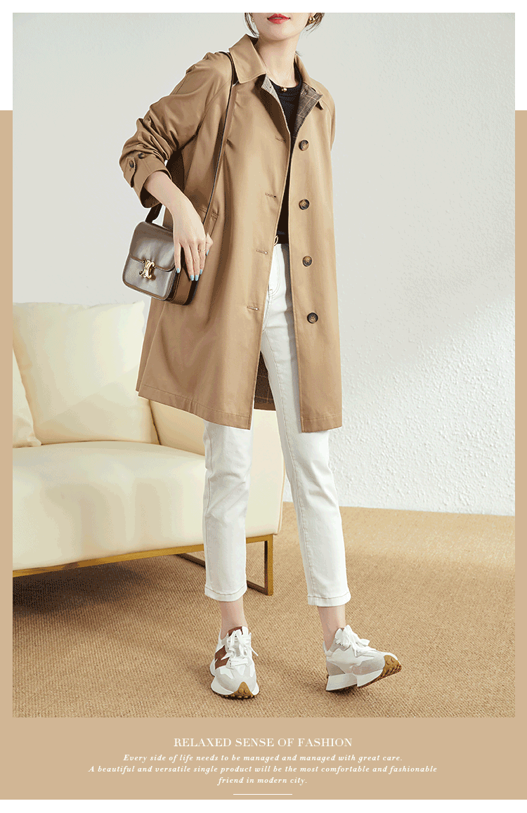 AOTUN British Style Women's Mid-Length Trench Coat Korean Version Slim Straight Jacket AT2359 Navy XXL 10