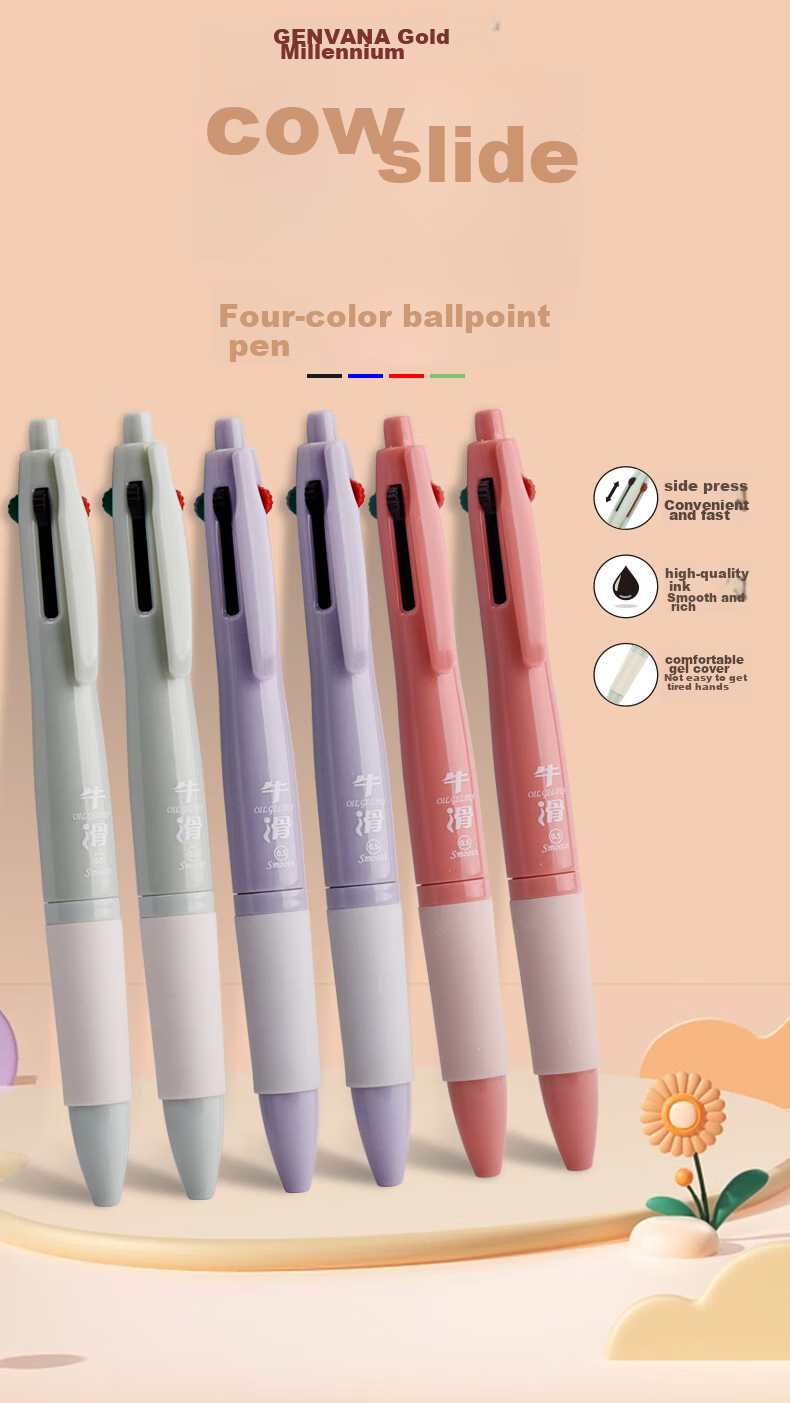 Genvana [4-Color Rollerball Pens] 0.5mm Medium Oil Ballpoint Pens Multi-Color for Elementary School Students' Note-Taking And Marking, 4 Pens/Box G-3735 1