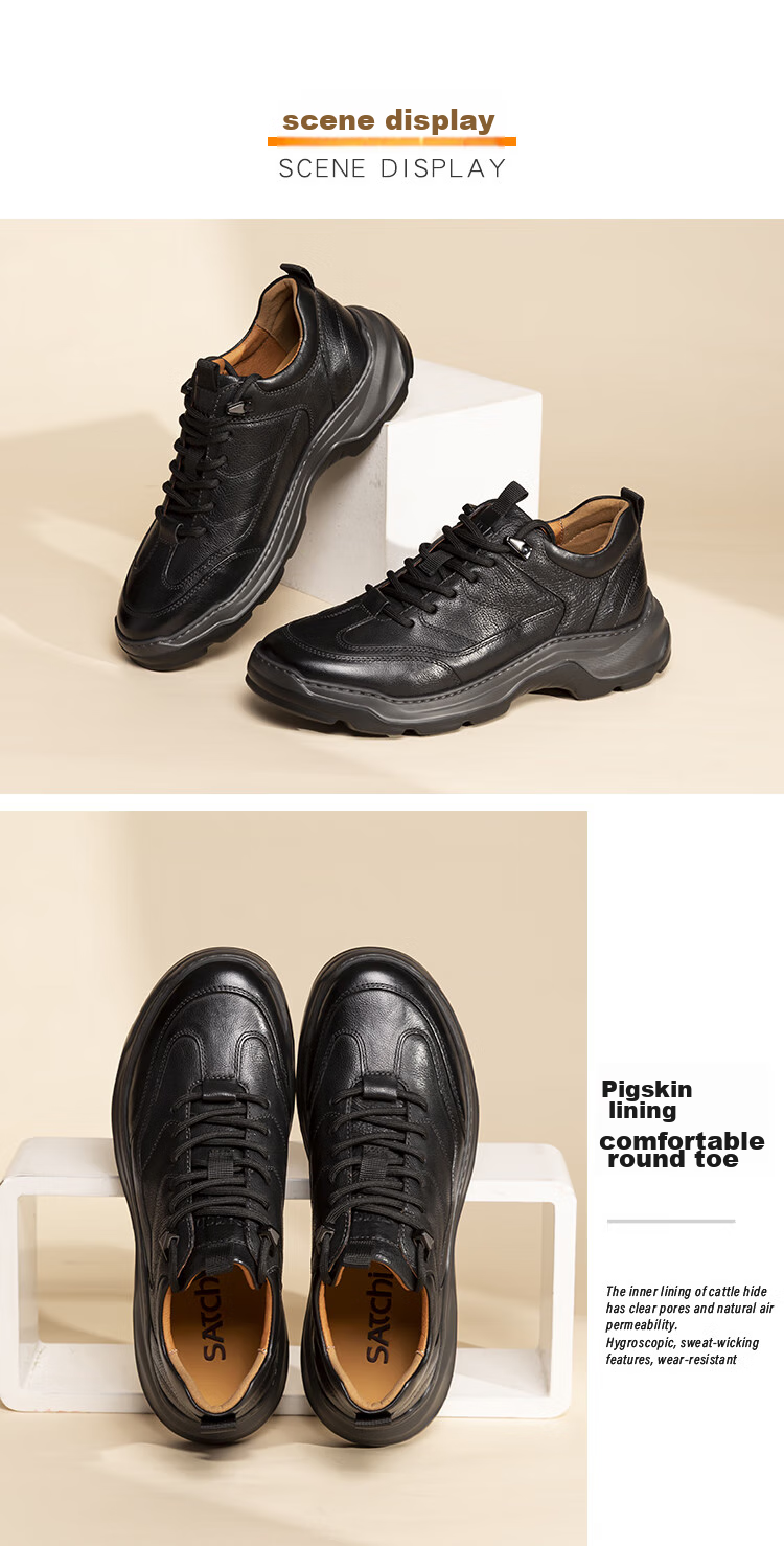 SATCHI Men's Shoes, Autumn Men's Leather Shoes, Thick-Soled Outdoor Sports Shoes, Casual Leather Shoes, 522462131Z, Black, Size 41 9