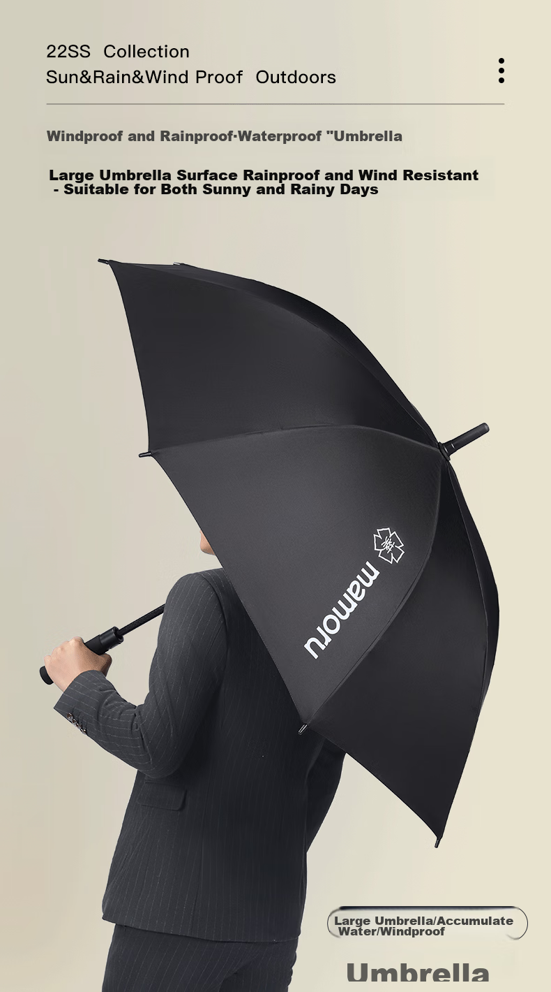 MAMORU Straight Handle Thick Umbrella, Large Size Windproof Automatic Umbrella for Men, Business Use, Black, 135cm 1