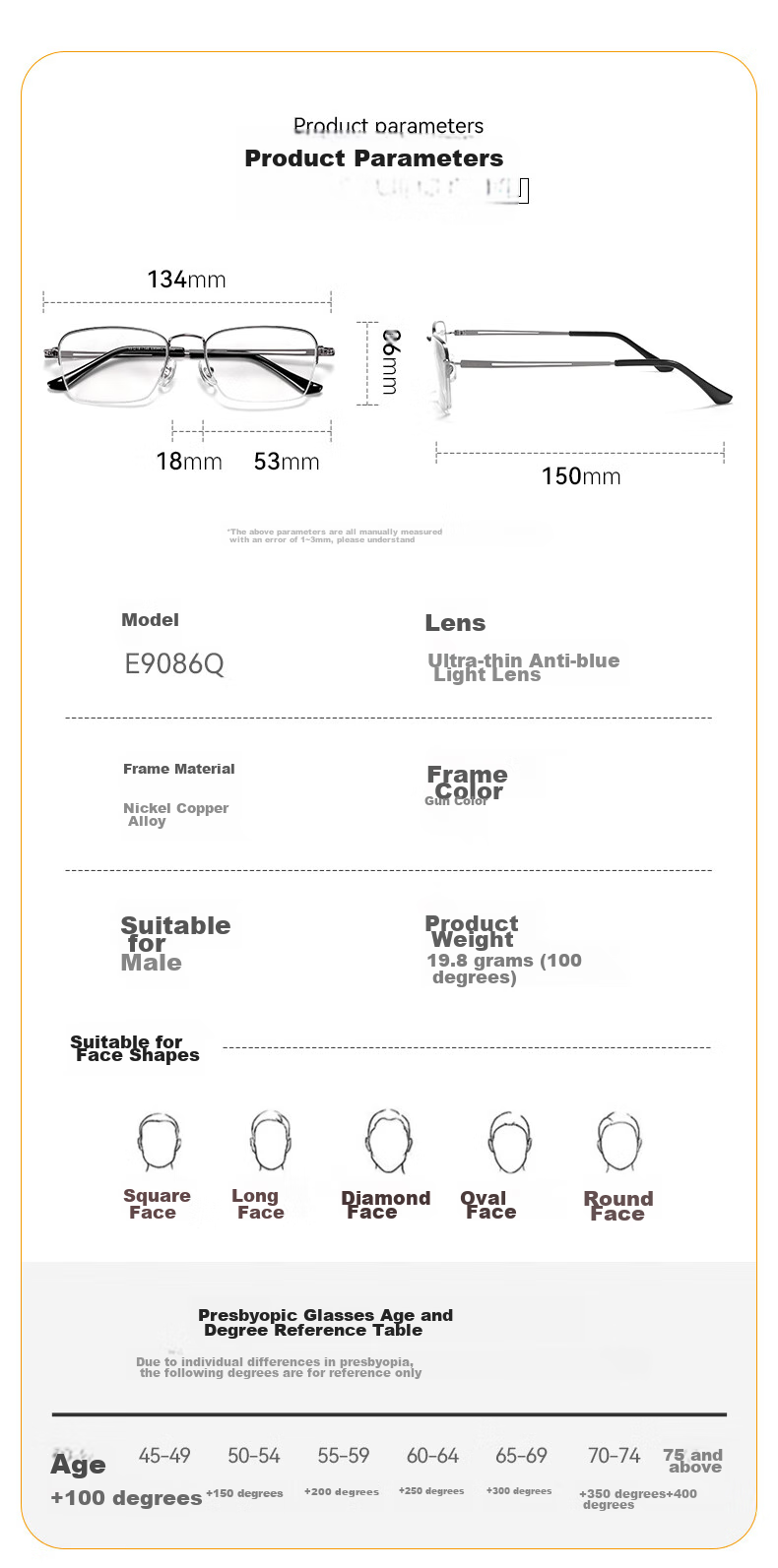 Xiyanghong Reading Glasses Ultra-Light Anti-Blue Light Stylish Business High-End Presbyopic Glasses for Middle-Aged And Elderly, High-Definition E9086Q 300 Degrees 8