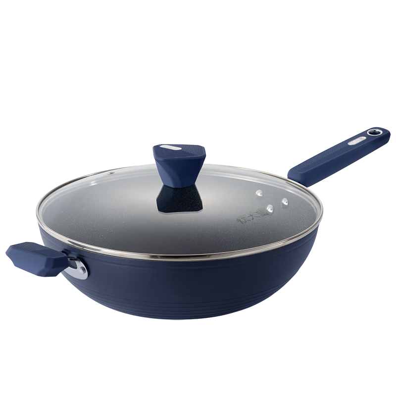 COOKER KING Non-Stick Wok, Easy to Clean, Low Smoke, Flat Bottom Frying Pan, 34cm Compatible with Induction Cookers, Deep Blue SL34CG