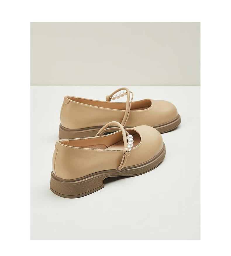 DAPHNE Flat Leather Shoes for Women, Comfortable Versatile French Mary Jane Shoes, Shallow Mouth Loafers, Soft Leather Flats, Beige, Size 35 11