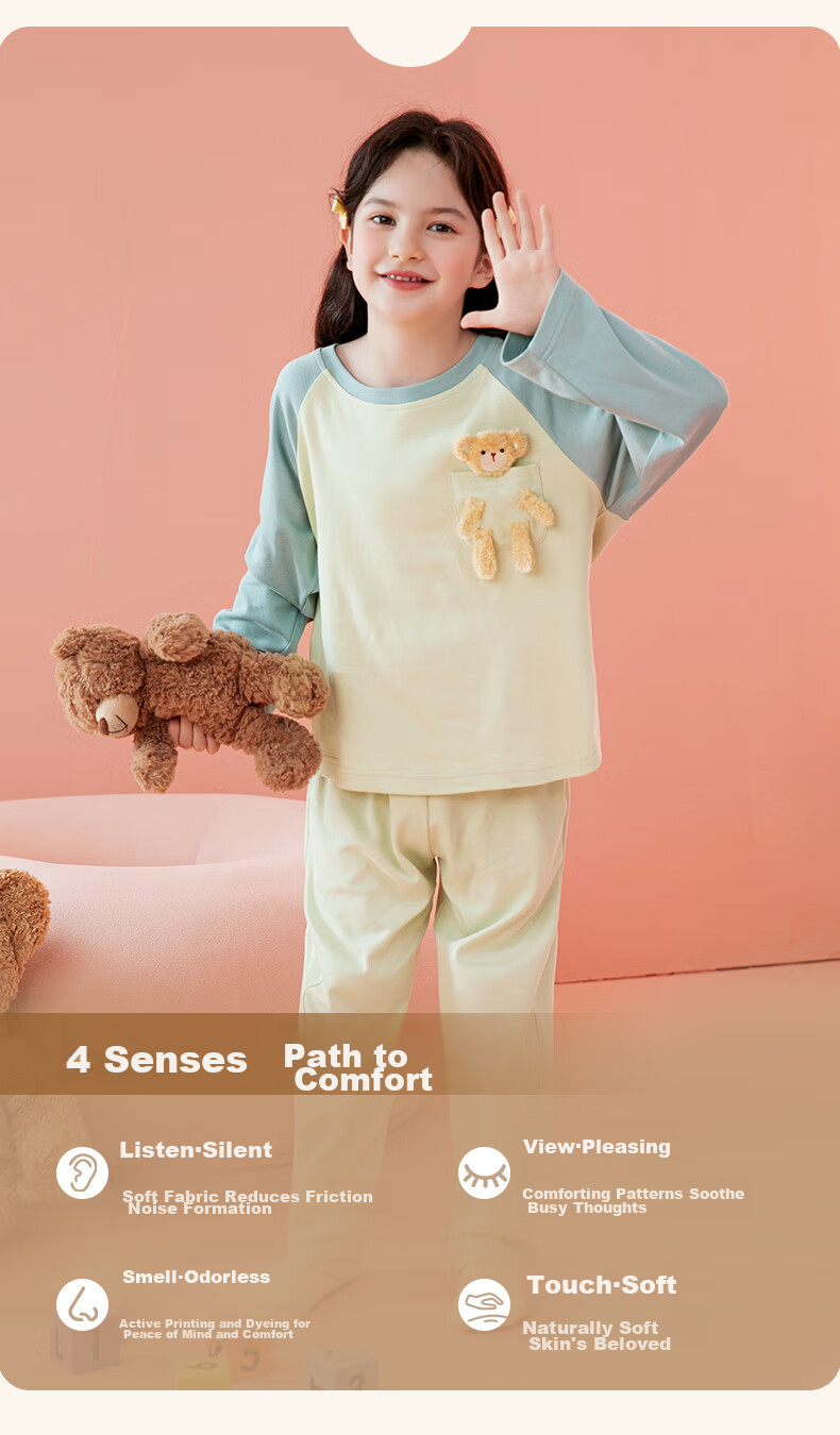 Fenteng Children's Pajamas for Girls, 100% Cotton Spring Season Three-Dimensional Bear Raglan Sleeve Sleepwear for Older Kids Q9FX257930976 3