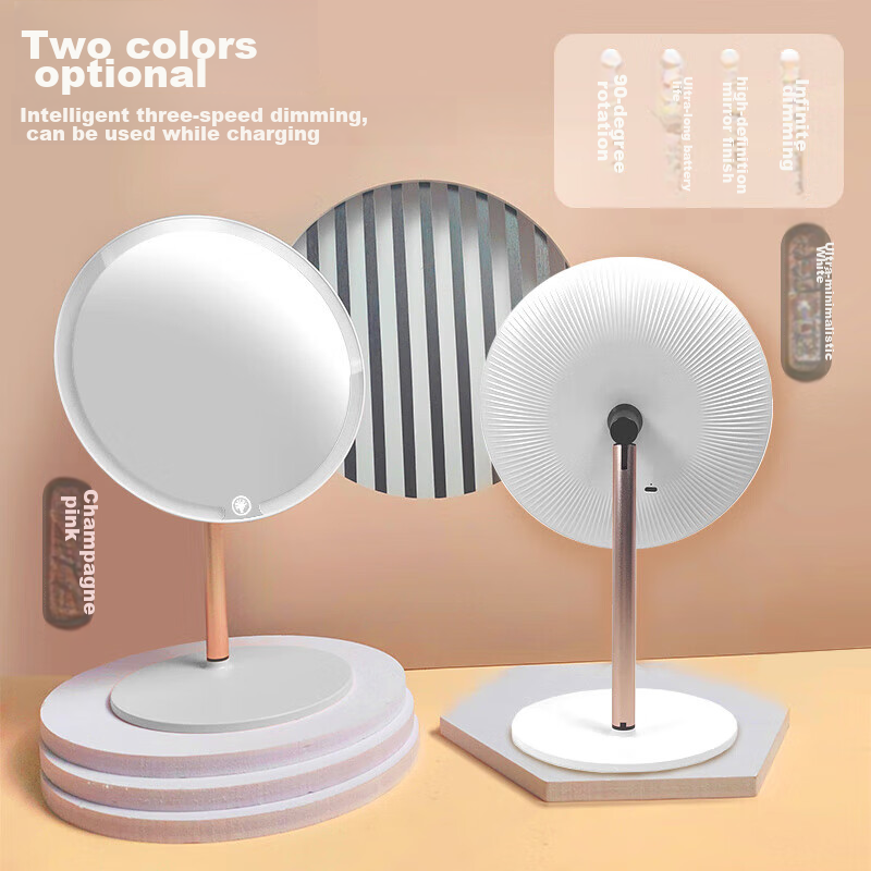 Meebordi Mirror Makeup Mirror with Light, LED High-Definition Beauty Metal Round Mirror Dressing Mirror, Three-Color Fill Light, Desktop Dormitory Extremely Beautiful Beauty Instrument, Cute Graduation Gift for Teachers