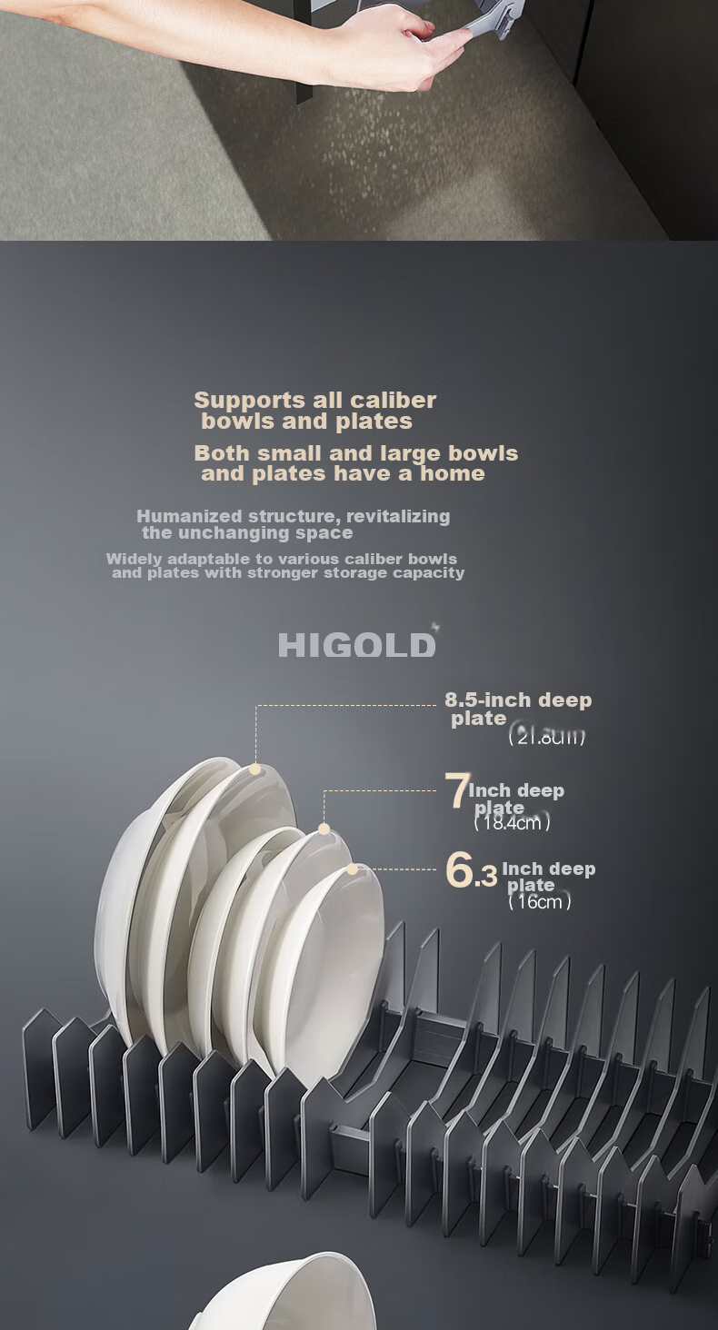 HIGOLD Kitchen Cabinet Pull-Out Drawer, 304 Stainless Steel Bowl And Plate Rack, Black Titanium Bowl Holder, Double-Layer Storage Shelf 5