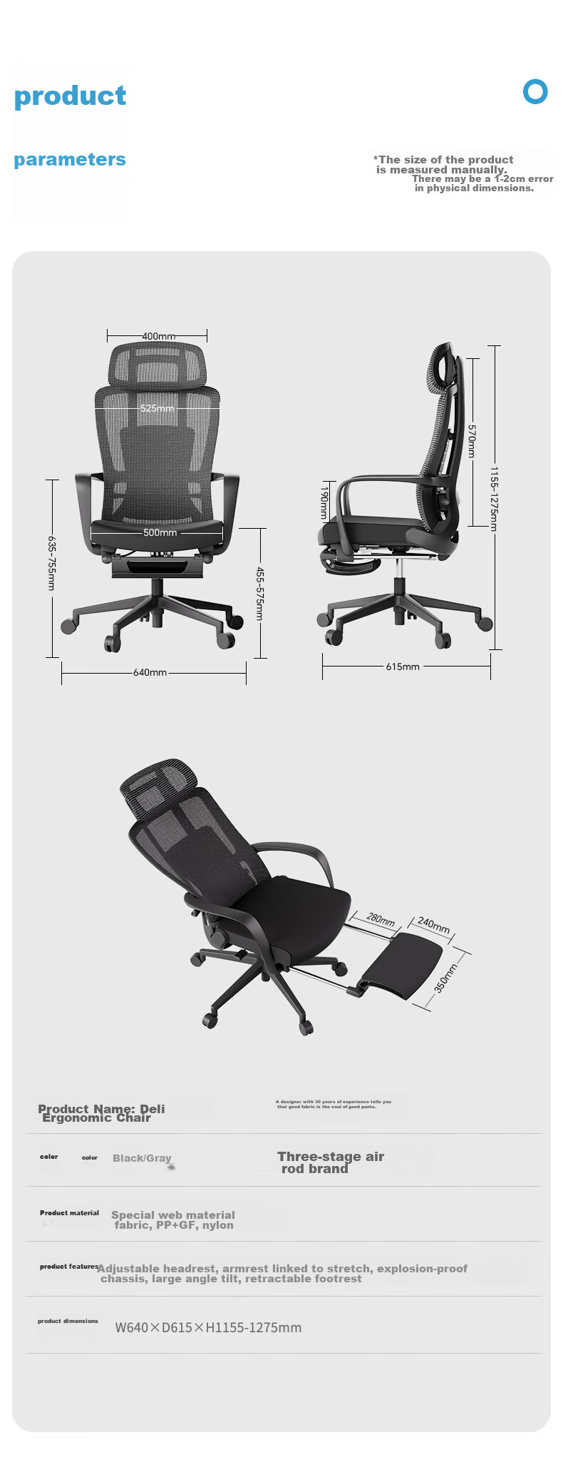 Deli Soft Series Ergonomic Office Chair, Nap Chair, Recliner, Comfortable for Long Sitting with Adjustable Armrests, Black 14