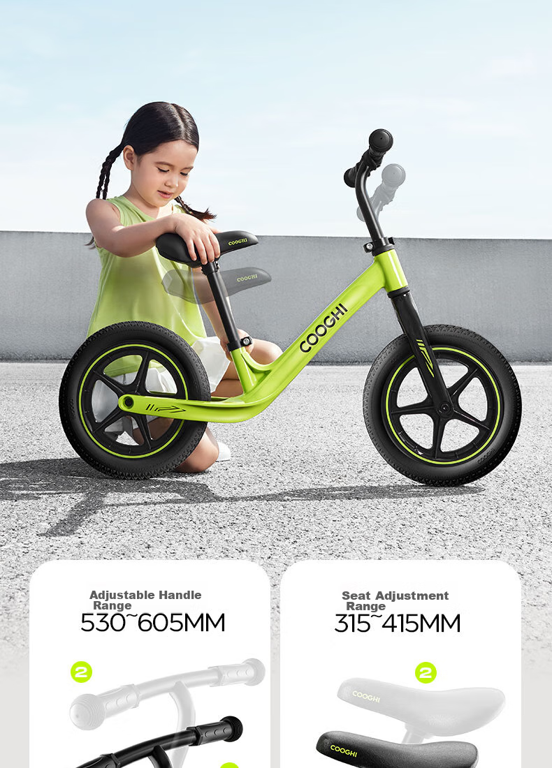 COOGHI Children's Balance Bike for Ages 1-7, 12-Inch Magnesium Alloy Frame with Solid Wheels S3Pro COOGHI Green Kuqi 17