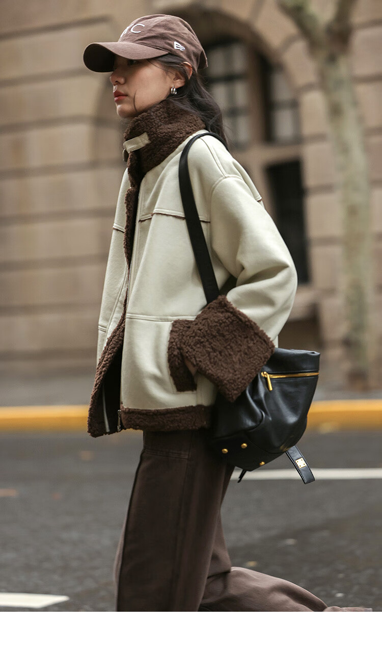 Demana Motorcycle Style Faux Shearling Winter PU Leather Patchwork Personalized Coffee Green Jacket Women Light Pea Green S 9
