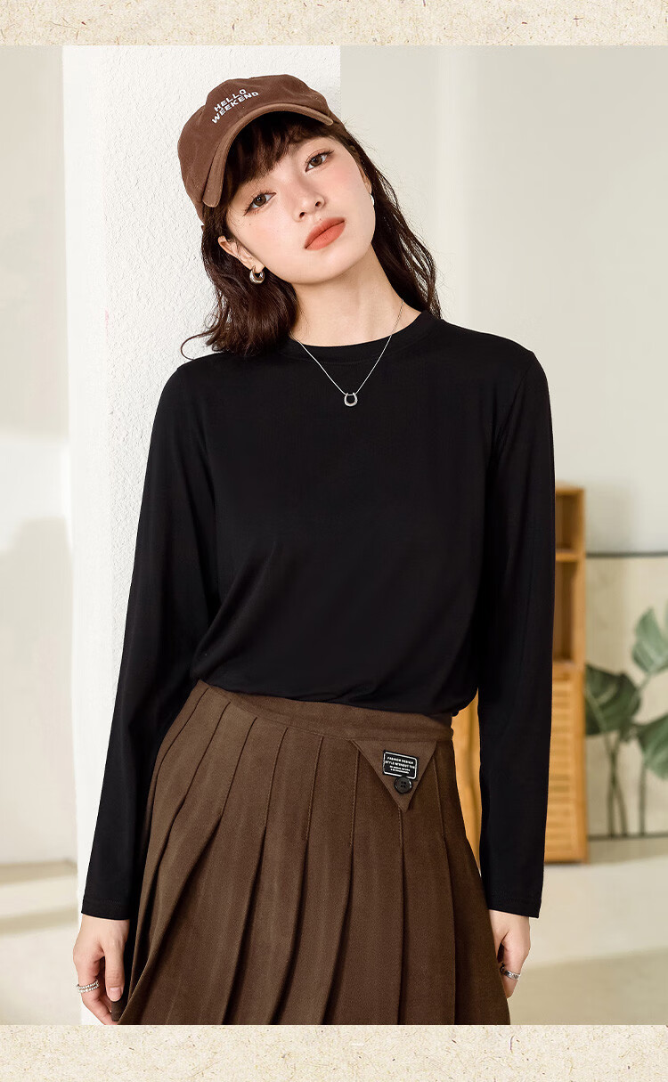 Woodpecker Women's Long Sleeve T-Shirt, Basic Spring and Autumn Loose Fit Pure Cotton Slim Fit Crew Neck Top, Black, Size S 9
