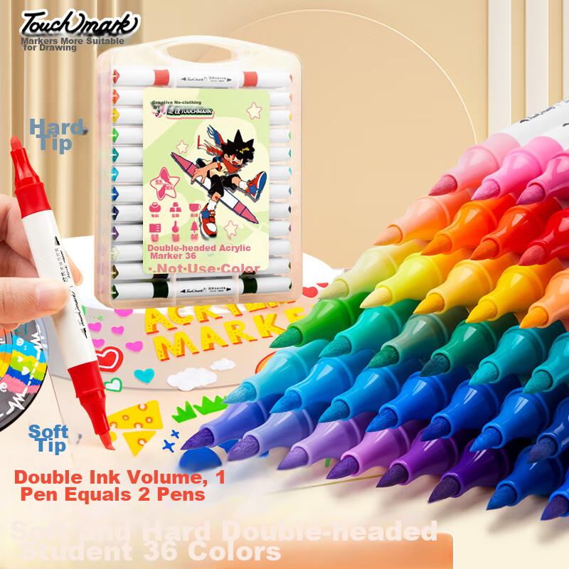 Touch Mark Dual-Tip Acrylic Marker Set, 36 Colors, Soft And Hard Tips, Watercolor Pens for Students' Doodling, Art Drawing, Waterproof Quick-Drying Highlighters, Children's Birthday Gift for Boys And Girls
