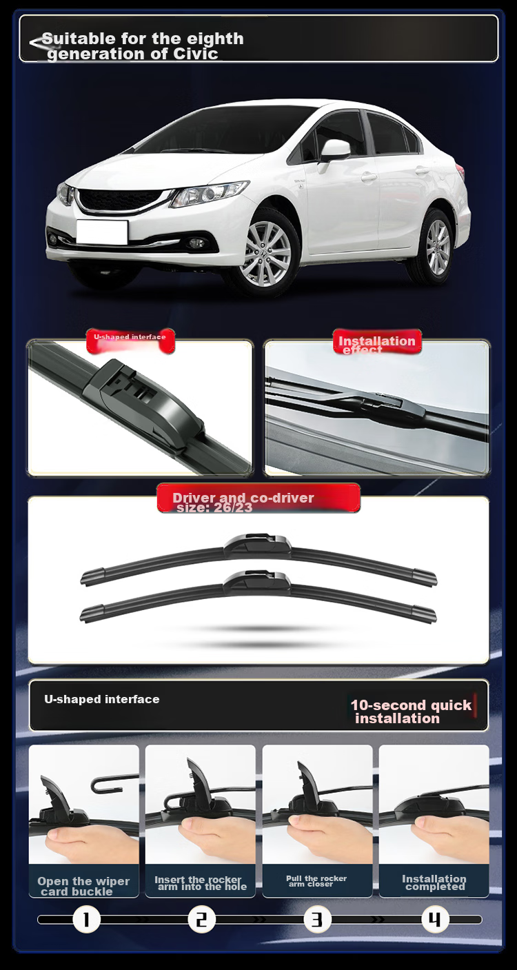 Aolin Dongfeng Honda Civic 8th/9th Generation Frameless Wiper Blade, for 8th/9th Generation Civic 2008-2015 Models, Original Factory Size Rubber Strip 3