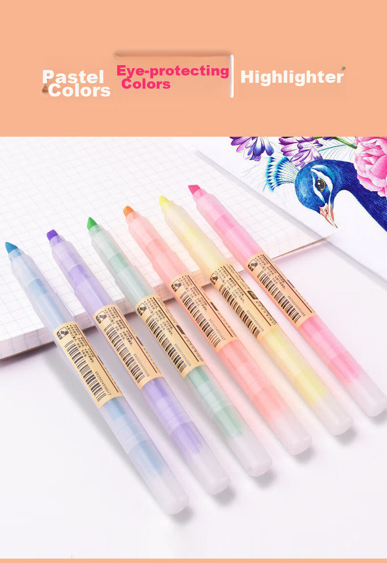 Snowhite Highlighter Set, 6 Colors, Axe-Shaped Tip, Light Pastel Color, Highlighting Pen, Journal And Drawing Marker, 6 Pens/pack, Six Ink Colors, PB-61 Bagged OPP 1
