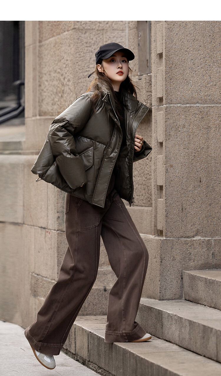 Dme [Washless Luxury Old-Style] Winter New Stand-Collar PU Loose Long-Sleeve Thick Warm Slimming down Jacket for Women, Short Style 10