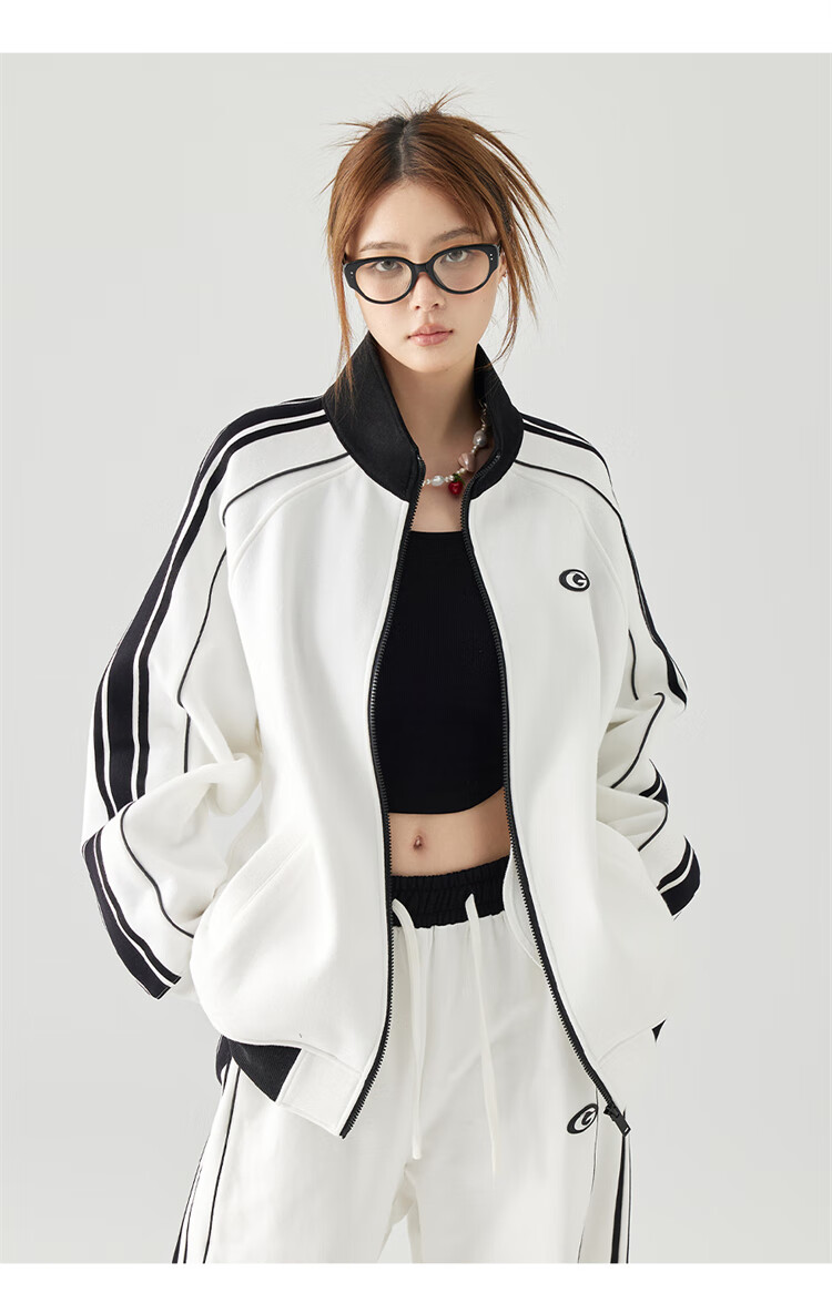 GOLFCROSS Trendy Couple's Style, Preppy Striped Contrasting Color Stand-Up Collar Loose Cardigan Sweatshirt Jacket, White, XL 11