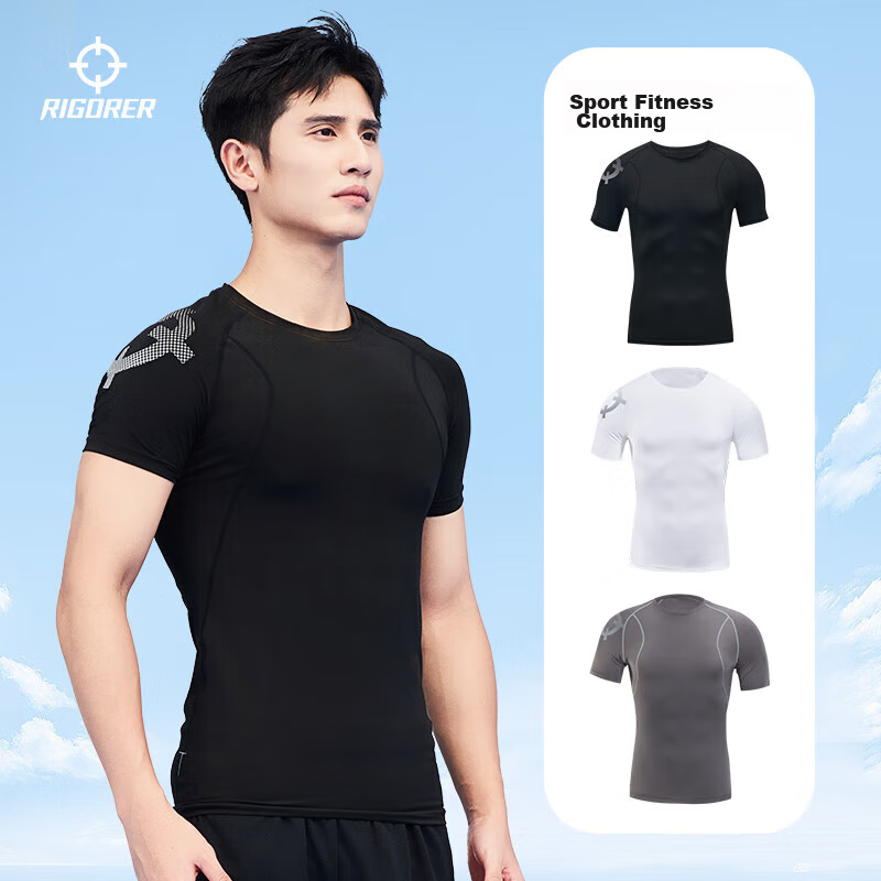 RIGORER Men's Fitness Short-Sleeve Quick-Dry Sports Top, Basketball Training Sweat-Wicking Compression Shirt, Pure White, Size S