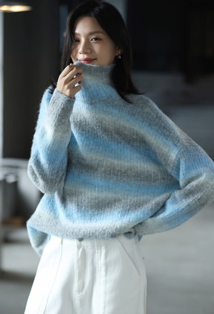 Dme [Sea Salt Layered Knit Sweater] Winter Style Artistic Healing Gray-Blue Gradient Soft Sweater for Women, Blue-Gray, S 6