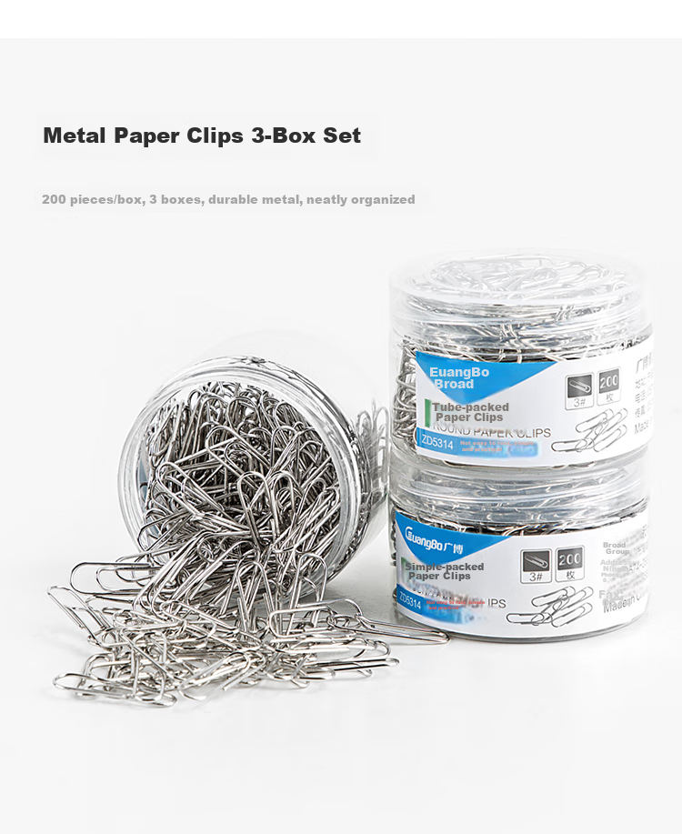 GuangBo 3-Tube Pack, 3# Paper Clips, 600 Pieces, Office Supplies, 29mm Metal Paper Clips, Nickel-Plated, Rust-Resistant, 200 Pieces/tube, ZD5314 4