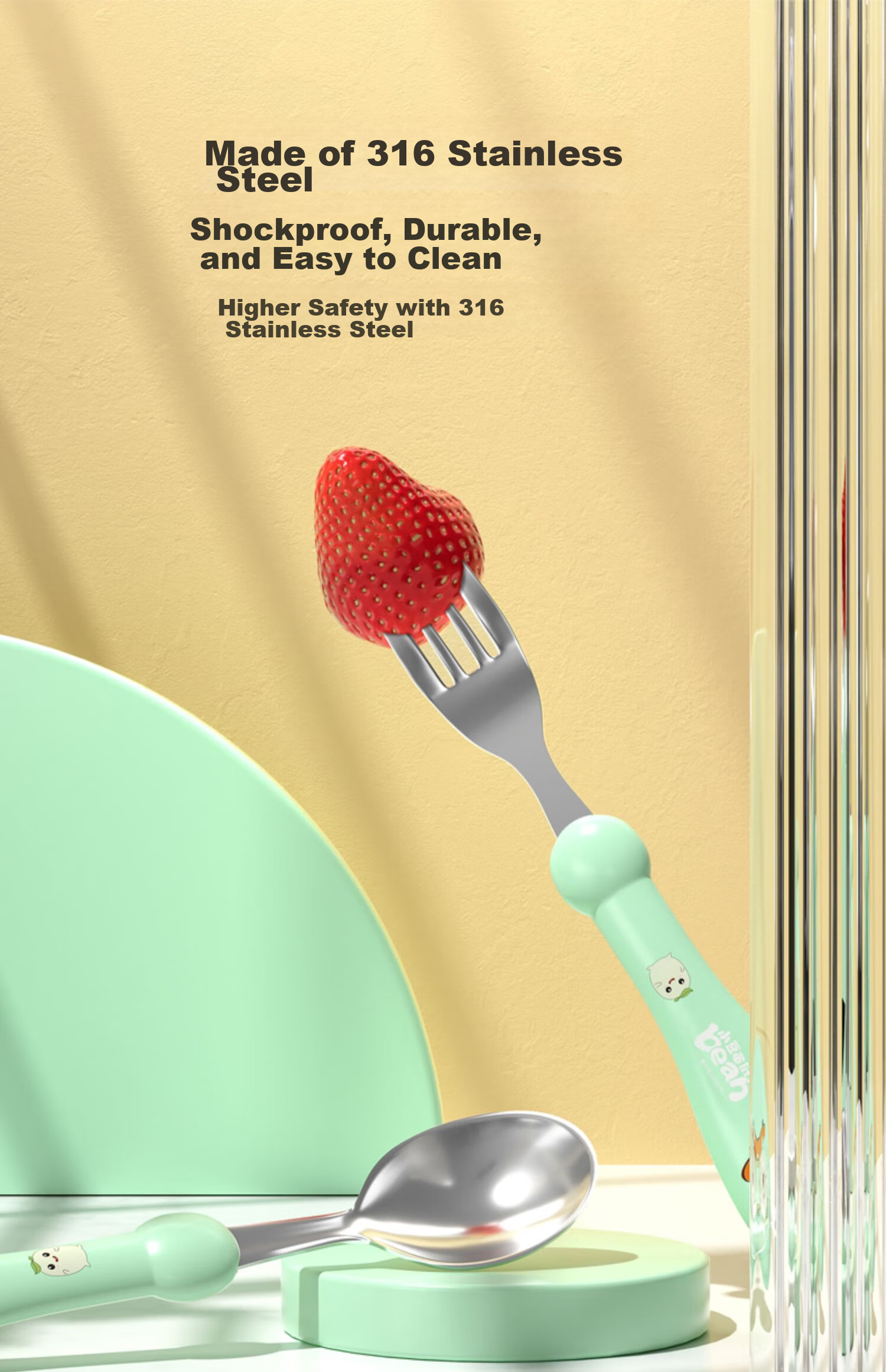 COOKSS Children's Spoon Set, Baby Training Feeding Utensils, 316 Stainless Steel, for Ages 2-8, Infant Supplementary Food Spoons, Tableware, Green + Box 5