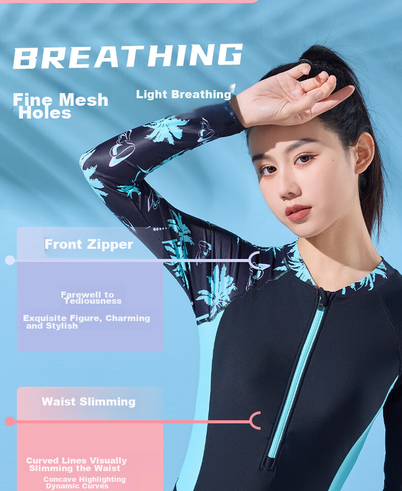 Li-Ning Women's One-Piece Swimsuit, Square Leg, Long Sleeve, Sun Protection, Conservative, Contrasting Colors, Slim Fit, Hot Spring Swimwear, 492 Black Blue, L 4