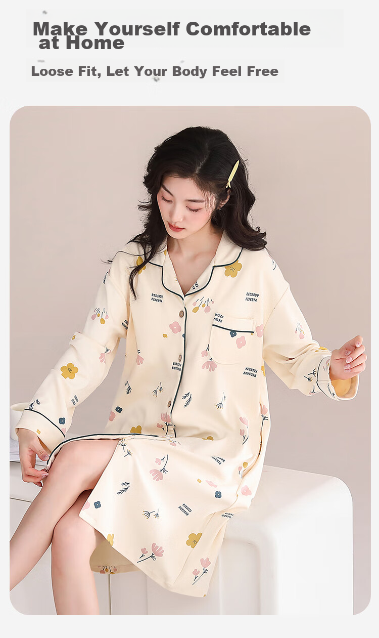 MiiOW [Anti-Mite Antibacterial Pure Cotton] Women's Nightgown with Chest Pads, Floral Print Cardigan, Plus Size Loungewear, Apricot Color, XL 14