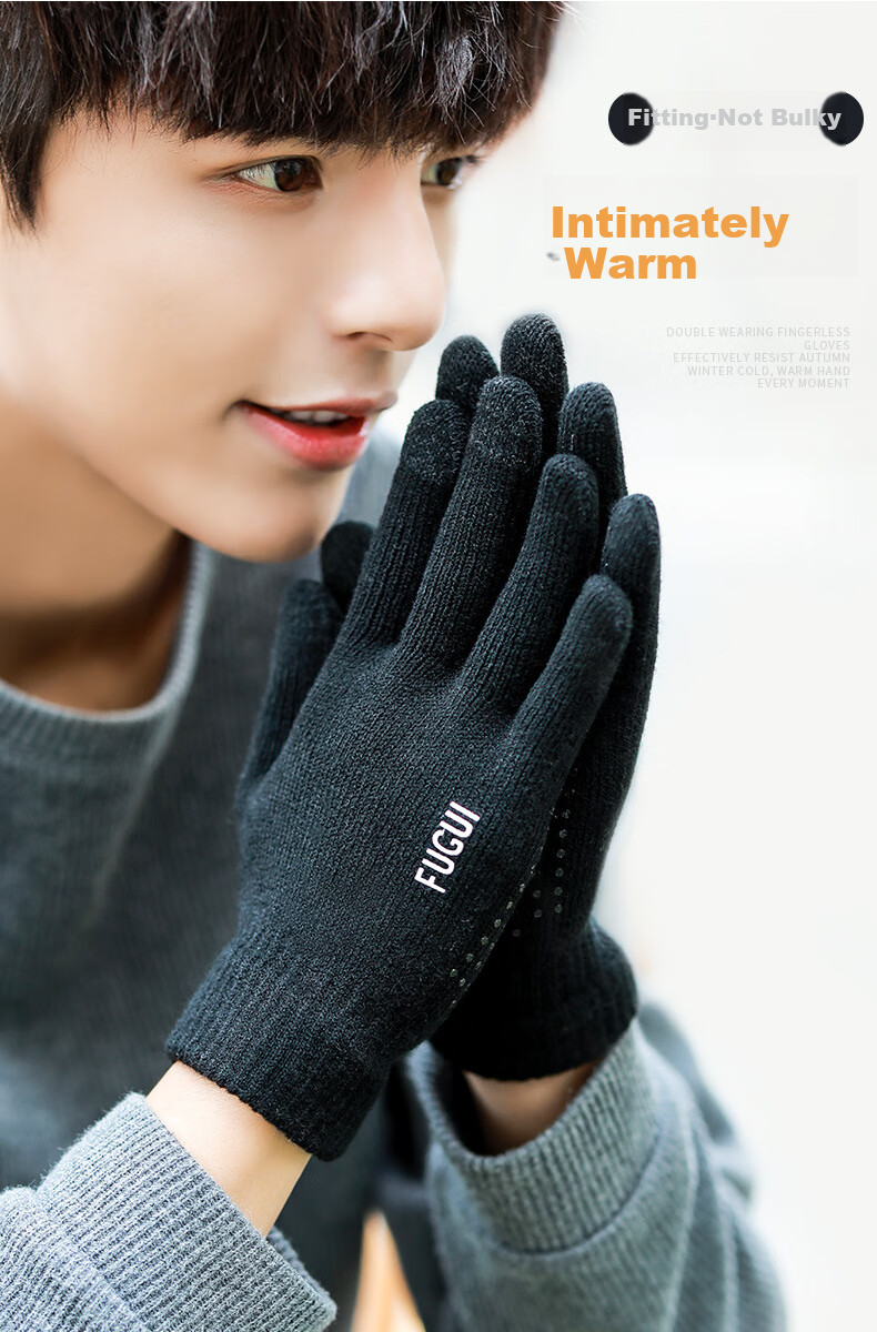 GRGN Men's Gloves, Winter Warm Fleece-Lined Thick Outdoor Cycling Driving Knitted Gloves, Non-Slip Cold-Resistant Men's Gloves 5