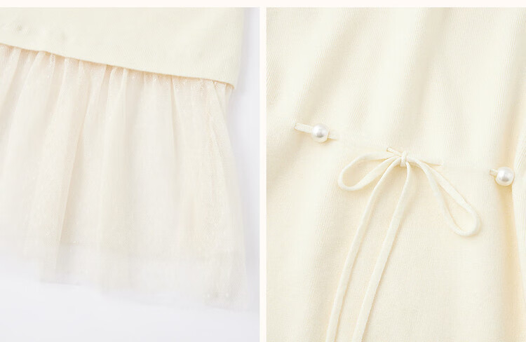 Dme [Retro Sweet Lady] Spring And Autumn Gentle Style Faux Two-Piece Pearl Drawstring Mesh A-Line Dress 15