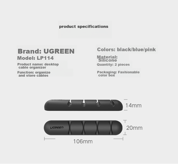 UGREEN Desktop Cable Organizer, Power Cord Clip And Cable Wrap, Wire Management And Cable Tidy Clip, Cable Tie And Organizer, 4 Clips White 2-Pack 12