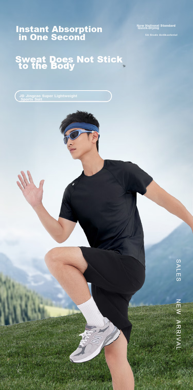 JD Original [Ultra-Light Set] Moisture-Wicking Quick-Dry Running Sports Round Neck Short Sleeve Five-Point Shorts for Men, Spring And Summer, Black S 1