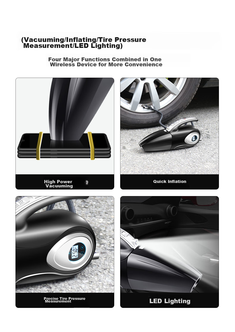 Jumu Car Air Compressor And Vacuum Cleaner, Dual-Use Wireless High-Power Four-In Machine, Portable Tire Inflator for Vehicles 4