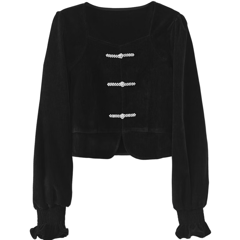 Dme [Xuoxing Wan Yue] Spring And Autumn Style New Chinese Square Collar Shirt, Pearl Button Velvet Blouse, Women's Top