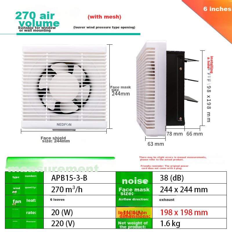Nedfon APB20-4 Exhaust Fan, Bathroom Window-Mounted Wall Fan, Smoke Extractor, Ventilation Fan, Air Exchanger, Square Opening 3