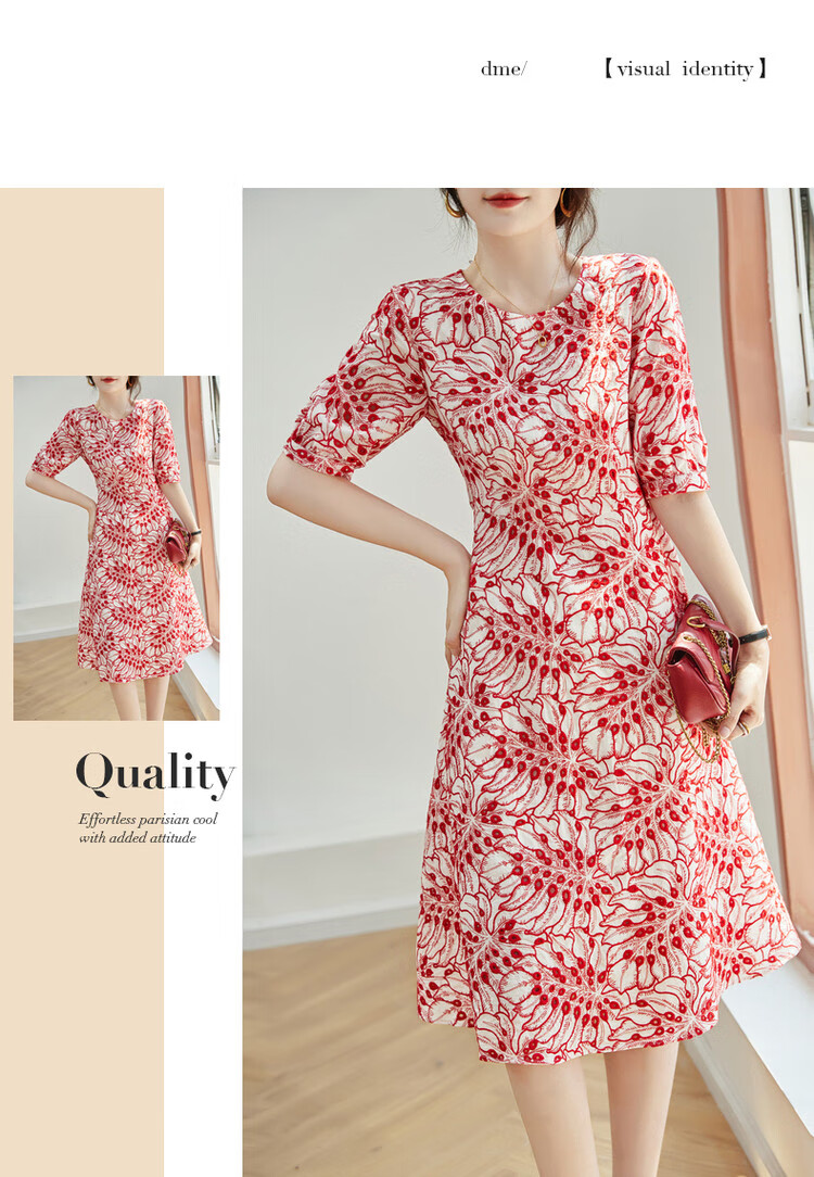 Dme [Monet Garden] Summer Elegant Breathable Pure Cotton Embroidered Waist-Cinching A-Line Flared Dress for Women, Mid-Length 11