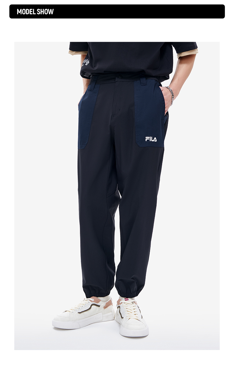 filafusion斐乐潮牌梭织长裤男子2022夏宽松潮流拼接工装裤深黑bk1