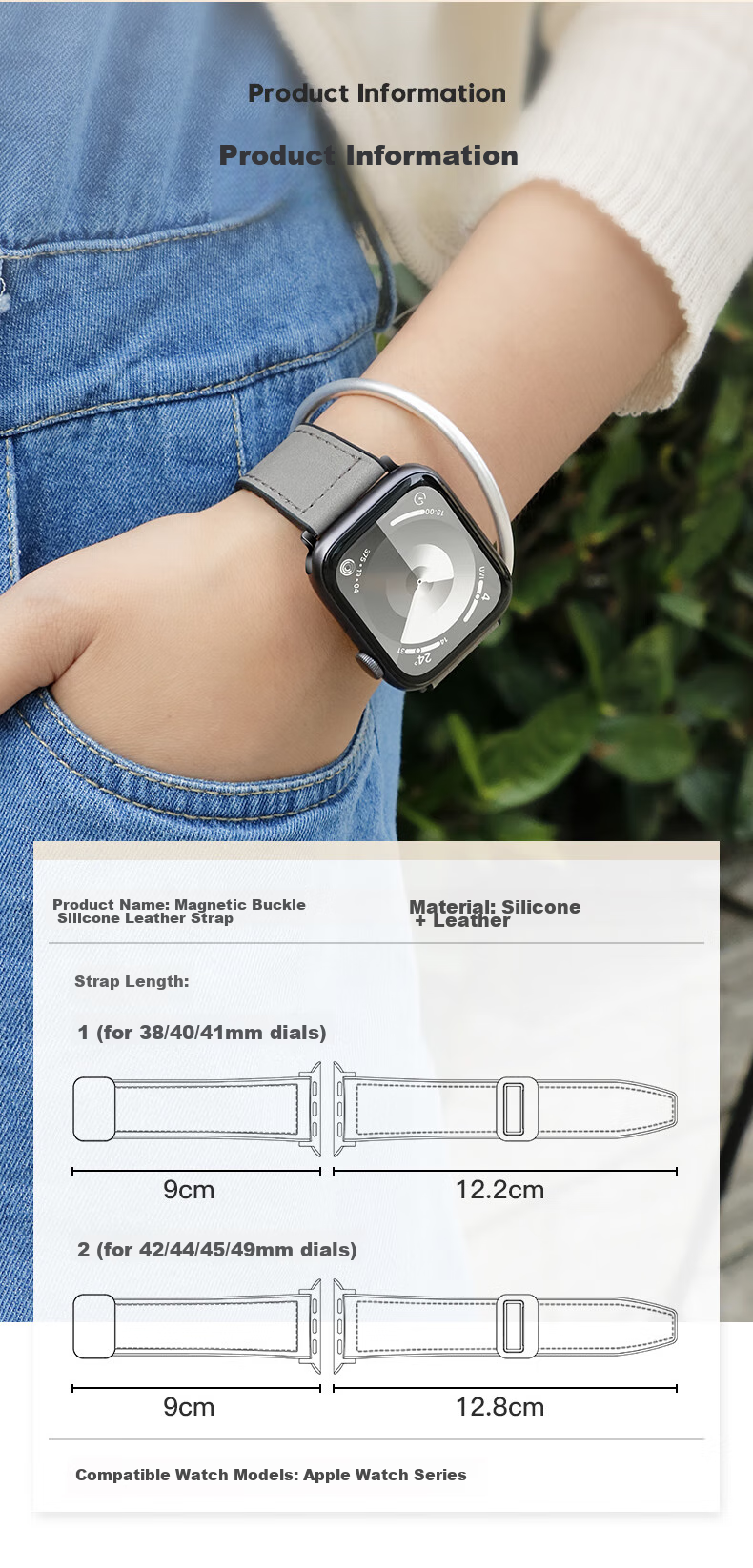 BHO Compatible Apple Watch Band, Genuine Leather Strap for Apple Watch S12/S11, IWatch S10/9/8/7/6/Ultra4/SE3/2/1, Magnetic Clasp, Genuine Leather 7