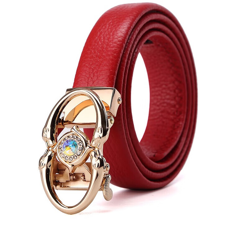 CROCODILE Zodiac Year Water Diamond Women's Automatic Buckle Leather Belt, Business Top-Grain Cowhide Belt, Women's Birthday Gift, 12706 Red