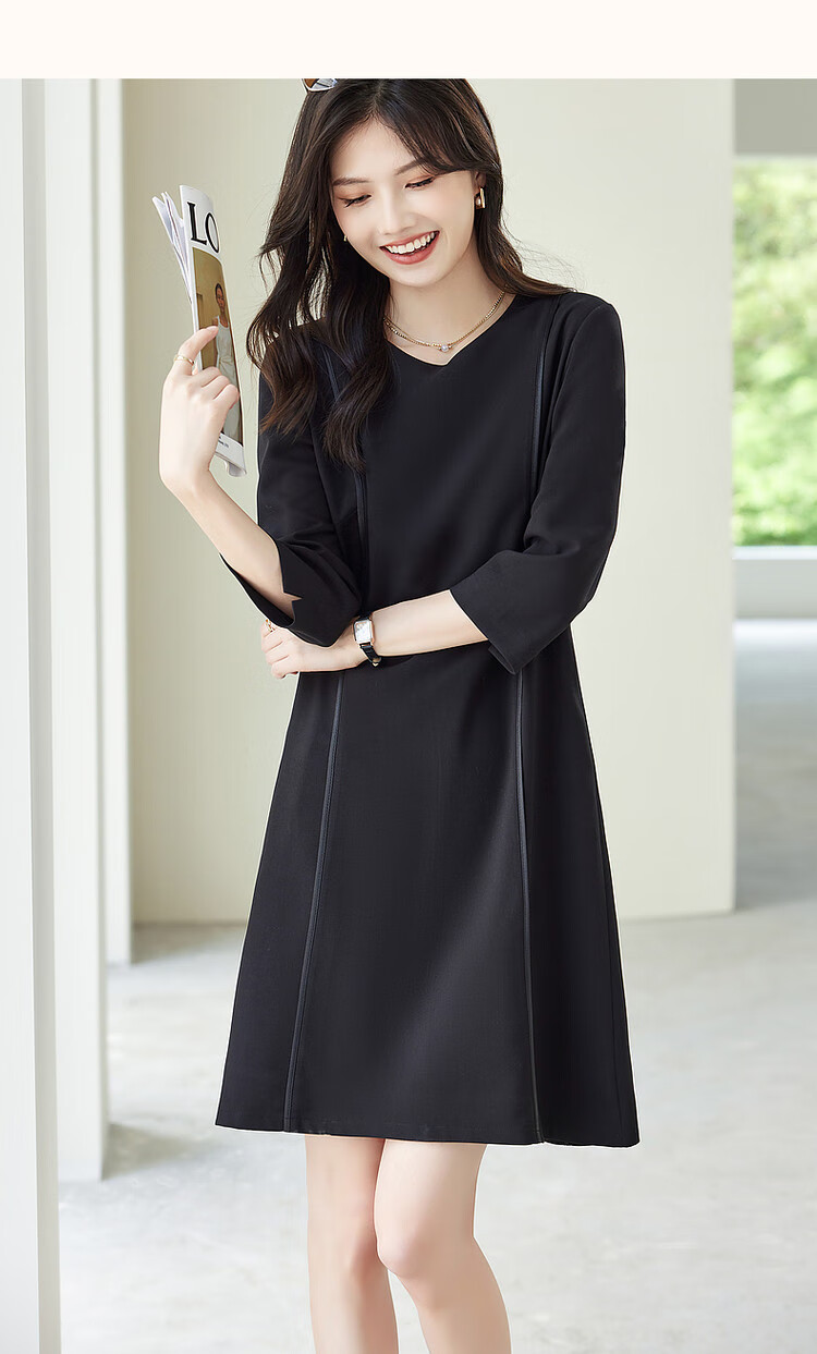 Dme [Modern Women] Spring And Autumn Commuter Round Neck Slim-Fit Three-Quarter Sleeve Elegant Midi Dress for Wome 15