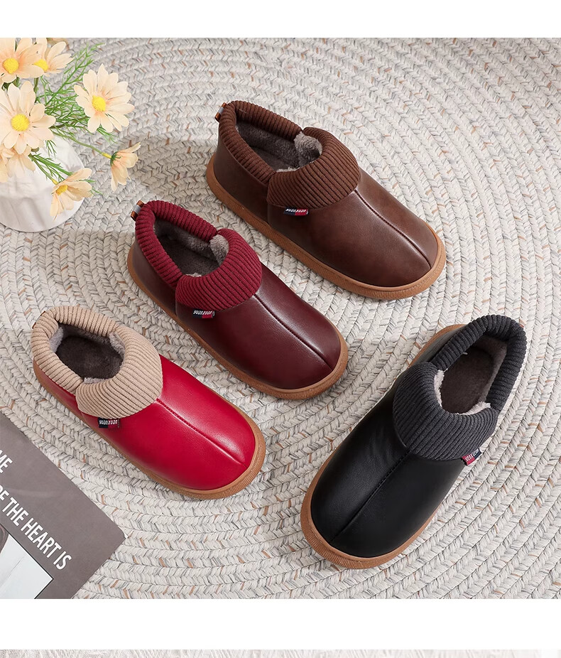GUOLUOFEI Elderly Non-Slip Cotton Shoes with Heel, Fleece-Lined Warm Waterproof Slippers for Middle-Aged And Elderly Parents, Wine Red, Size 36-37 14