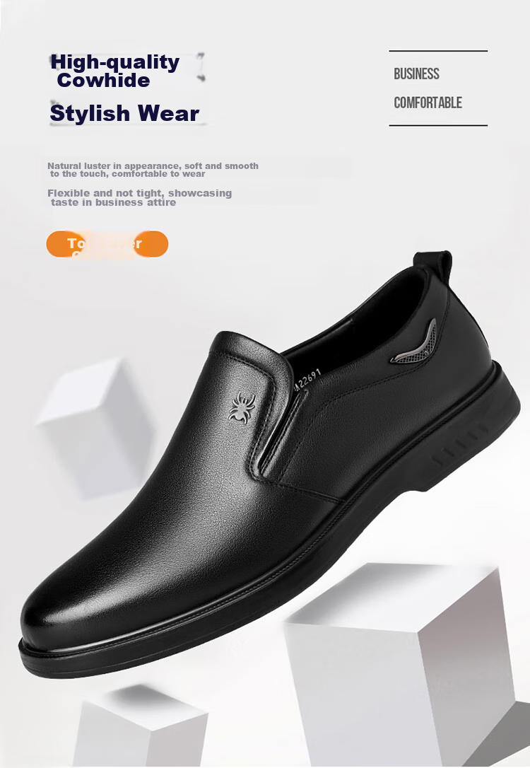 SPIDER KING Men's Leather Shoes, Spring And Autumn Cowhide, British Style Business Casual Slip-On Soft-Soled Dad Shoes, 22691 Black, Size 44 1