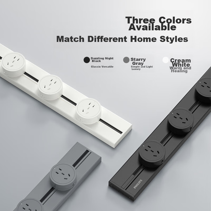PHILIPS Surface-Mounted Track Socket, Movable Power Strip with Sliding Rail for Sideboard, No Slot Required, with Light, 8000W High Power, 40cm Track + 2 Adapters