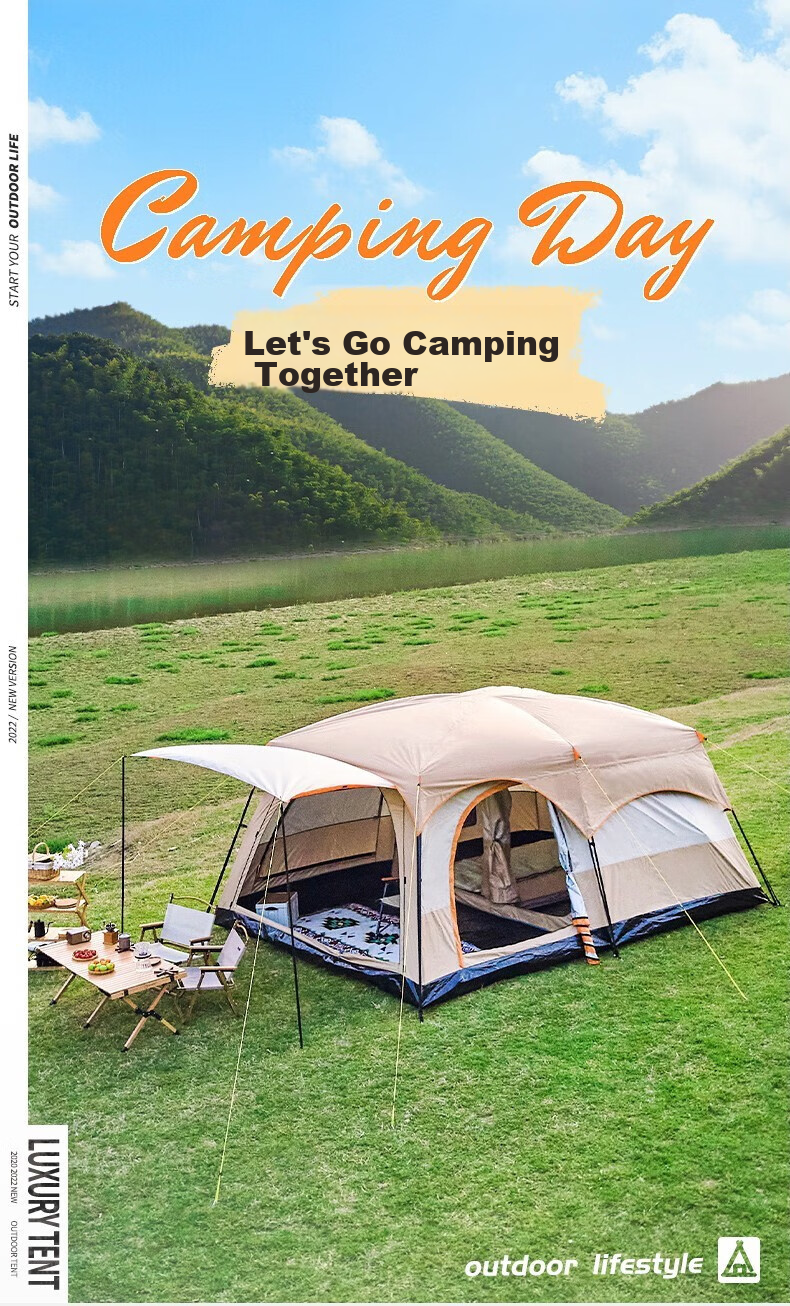 BeiJiLang Tent, Outdoor Family Camping, Portable, Sun Protection, Rain Protection, Multi-Person Large Space, Wild Camping, Double-Layer Two-Room One-Living Room, Coffee 1